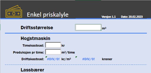 Skjermbilde av priskalkulator